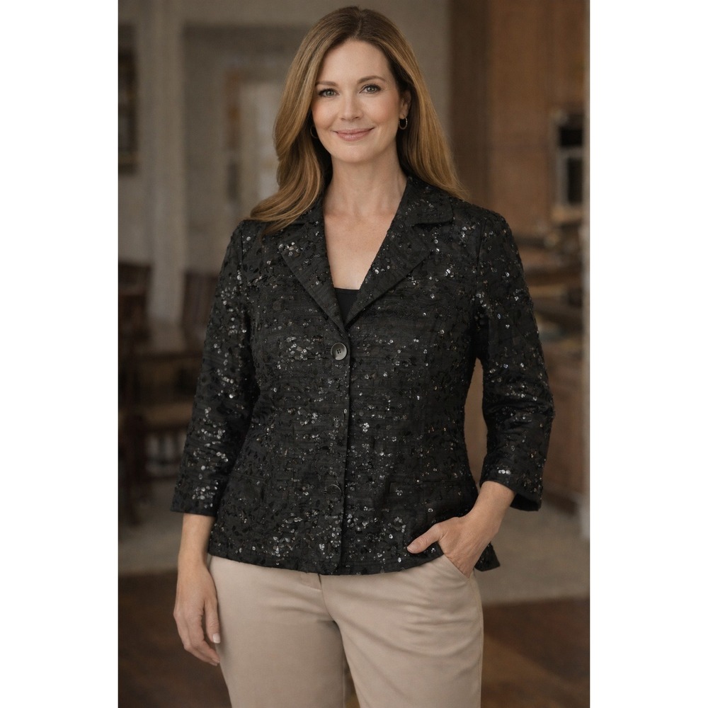 Chicos‎ Black Sequin Lace Blazer Jacket 3/4 Sleeve Textured Sparkle Size 1